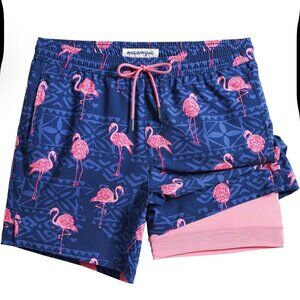 MaaMgic Mens FLAMINGO Swim Trunks with Compression Liner 2 in 1 Swimming Shorts